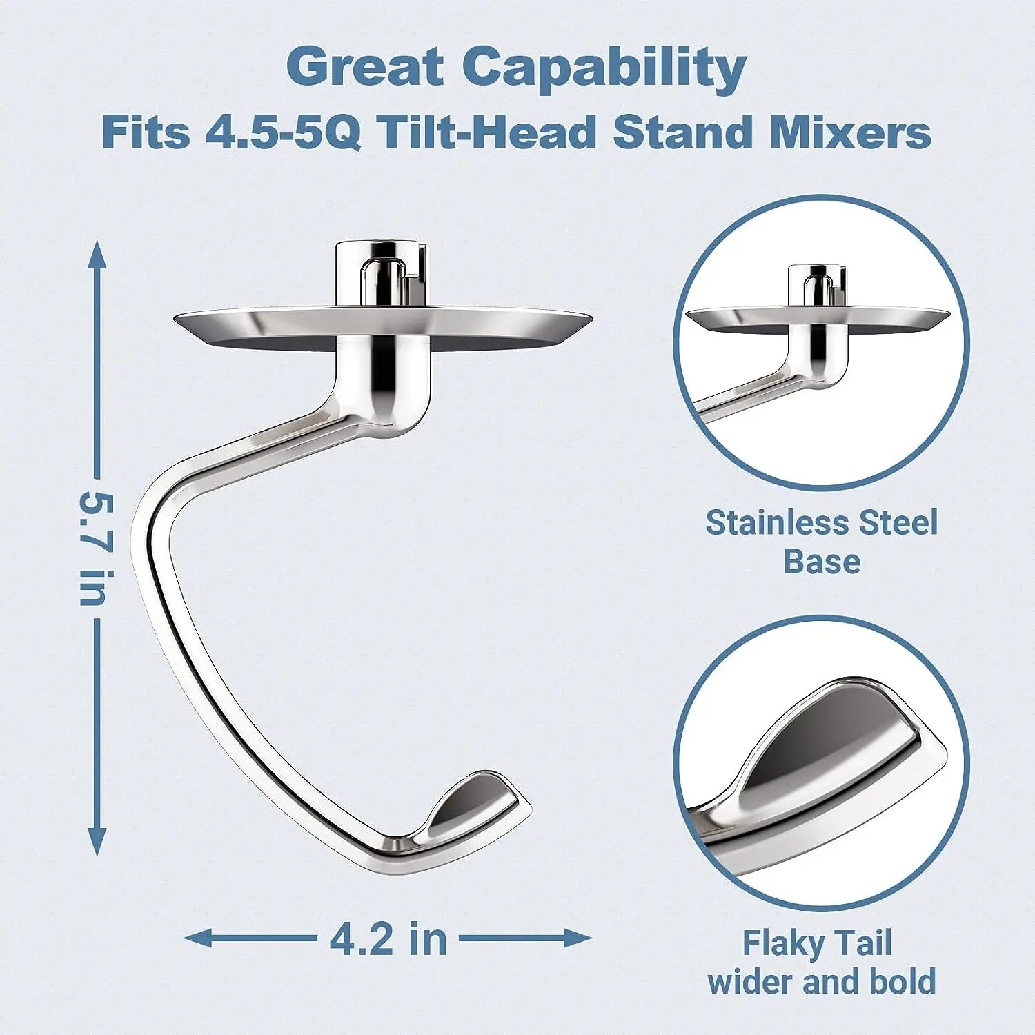 Dishwasher for KitchenAid 4.5-5 Quart Tilt Head Stand Mixer Stainless Steel Dough Hook Attachment Replacement Parts Bread Hooks