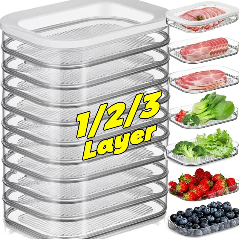 1/2/3Layer Meat Container Transparent Refrigerator Food Storage Boxes with Lid Stackable Bacon Lunch Meat Meal Prep Containers